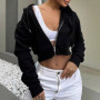 Women's Long Sleeve Hooded Zipper Cardigan Cropped Sweatshirt Casual Versatile Apparel European and American Hoodies Women