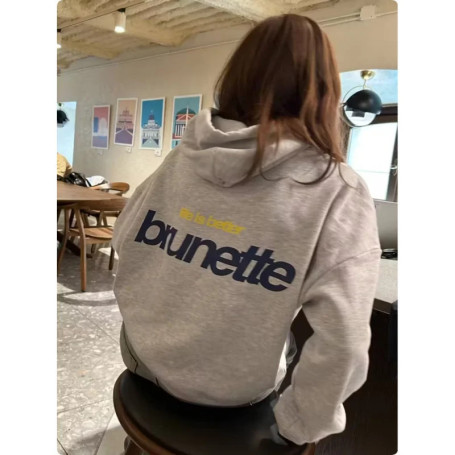 Women'S Blue Brunette Letter Print Hoodie Long Sleeve Kangaroo Pocket With Calvin Design Casual Wear Hoodie Vintage