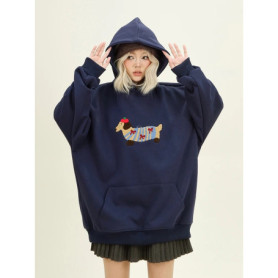 Women Sweatshirt Streetwear Couples Tops Casual Loose Hoodie Autumn Winter Cartoon Dog Embroidery Hooded Pullover