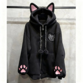 New Velvet Cute Cat Ear Women Hoodie Cat Claw Long Sleeve Coat Black Cat Punk Rock Men and Women Jackets