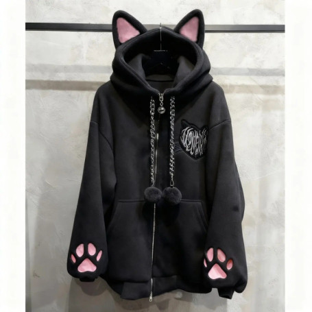 New Velvet Cute Cat Ear Women Hoodie Cat Claw Long Sleeve Coat Black Cat Punk Rock Men and Women Jackets