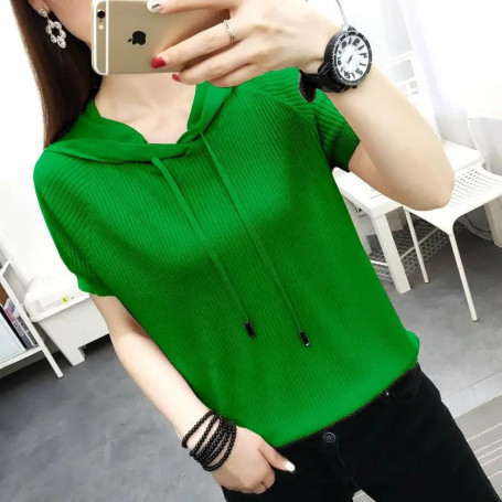 Elegant Fashion Harajuku Slim Fit Female Clothes Loose Casual All Match Short Sleeve T-shirts Solid Thin Style Hooded Sweatshirt