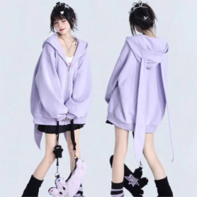 Trendy Purple Rabbit Girl Ear Hooded Sweater with Long Ears for Women Oversize Hoodie Loose Zipper Cardigan Coat Clothes White