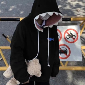 Long Sleeve Fleece Shark Hoodies Drawstring Top Coat Hooded Sweatshirts Pullover Loose Shark Hat Sweater School Student