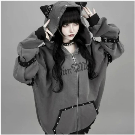 Women Hoodies Clothing Punk Sweatshirts Harajuku Streetwear Retro Hooded Jackets Japanese Rivet Print Casual Zipper Coat Fashion