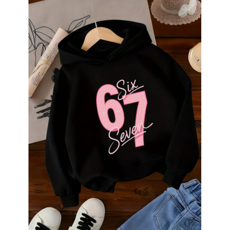 Girl Pink '67' Printed Hoodie Warm Winter Casual Party Clothing Hoodie Children's Casual Top