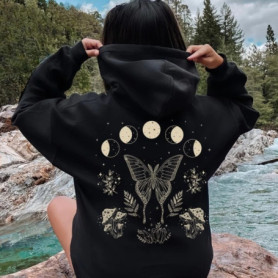 Mystical Celestial Moth Hoodie Long Sleeve Loose Warm Fleece Fall Goblincore Fairycore Fairy Grunge Moon Phase Alternative