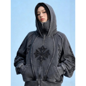 American Y2K New Fashion Pattern Embroidered Zipper Hoodie Women Street Hip Hop Retro Washed Sweatshirt Unisex Punk Rock Hoodie
