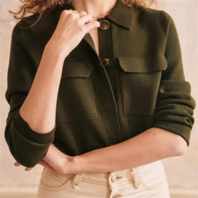 Women Knit Cardigan Solid Color Turn-down Collar Knitwear Top Single Breasted Simple Sweater with Double Pockets for Female