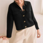 Women Knit Cardigan Solid Color Turn-down Collar Knitwear Top Single Breasted Simple Sweater with Double Pockets for Female