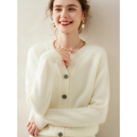 Women's 100 Cashmere Knitted Cardigan Solid round Neck Thick Button-Down Coat for Autumn And Winter