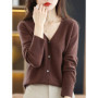 Women Cardigans V-neck Long Sleeve Knitted Outerwear Solid Thin Spring Autumn Sweaters Knitwears Korean Fashion Red Cardigans