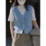HanOrange 2025 Spring Vintage Lazy V-Neck Knitted Vest Women Loose Overlay Sleeveless Sweater Female Sky Blue/Cream White