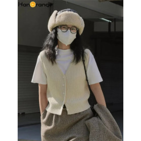HanOrange 2025 Spring Vintage Lazy V-Neck Knitted Vest Women Loose Overlay Sleeveless Sweater Female Sky Blue/Cream White