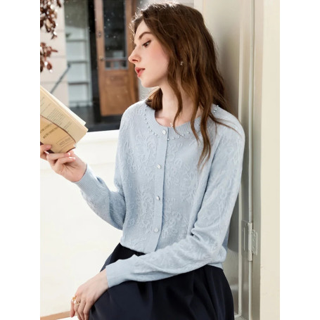 I BELIEVE YOU Blue Jacquard Wool Knitted Cardigan 2025 Autumn Elegant O-neck with Pearl Embellishment Chic Cardigans 2253146080