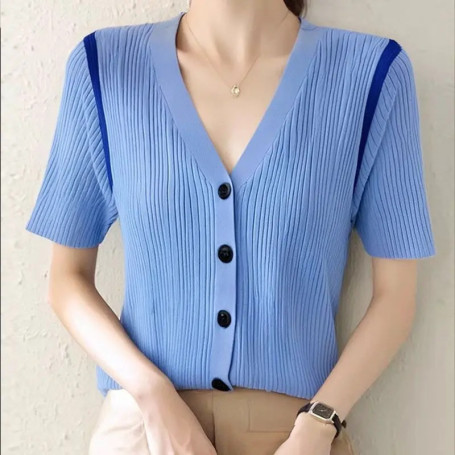 Ice silk knitted cardigan for women summer new color-block V-neck short-sleeve fashionable versatile tops