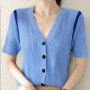 Ice silk knitted cardigan for women summer new color-block V-neck short-sleeve fashionable versatile tops