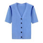 Ice silk knitted cardigan for women summer new color-block V-neck short-sleeve fashionable versatile tops