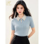 H Han Queen Summer Striped Lapel Twists Pullover Sweat Knitted T-shirts Women Casual Fashion Simple Blouses Short Sleeve Tops