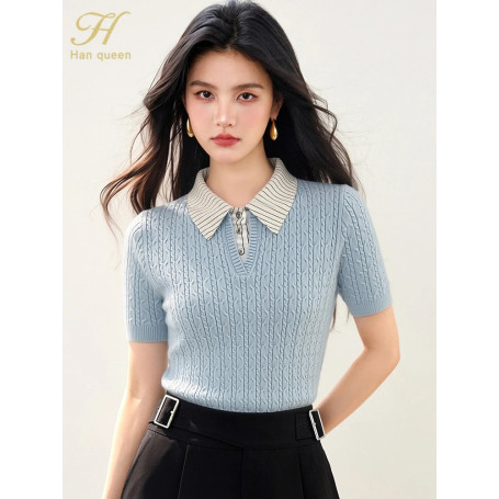 H Han Queen Summer Striped Lapel Twists Pullover Sweat Knitted T-shirts Women Casual Fashion Simple Blouses Short Sleeve Tops