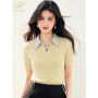 H Han Queen Summer Striped Lapel Twists Pullover Sweat Knitted T-shirts Women Casual Fashion Simple Blouses Short Sleeve Tops