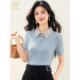 H Han Queen Summer Striped Lapel Twists Pullover Sweat Knitted T-shirts Women Casual Fashion Simple Blouses Short Sleeve Tops