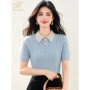 H Han Queen Summer Striped Lapel Twists Pullover Sweat Knitted T-shirts Women Casual Fashion Simple Blouses Short Sleeve Tops