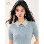 H Han Queen Summer Striped Lapel Twists Pullover Sweat Knitted T-shirts Women Casual Fashion Simple Blouses Short Sleeve Tops