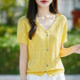 Women 100 Cotton Knitted Cardigan Korean Style V-neck Loose Short Sleeve Shirt Summer Woman Solid Fashion Hollow Out Top