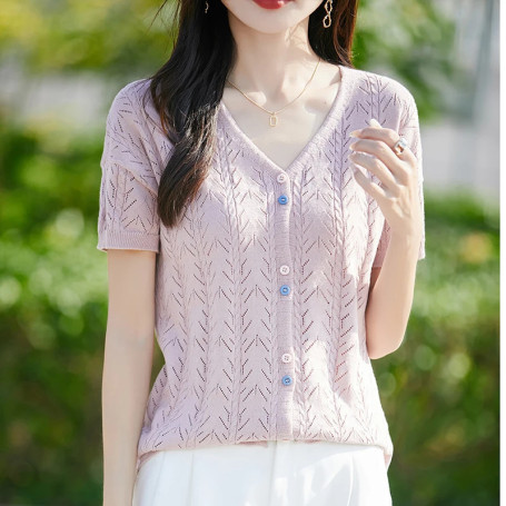 Women 100 Cotton Knitted Cardigan Korean Style V-neck Loose Short Sleeve Shirt Summer Woman Solid Fashion Hollow Out Top