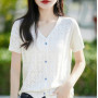 Women 100 Cotton Knitted Cardigan Korean Style V-neck Loose Short Sleeve Shirt Summer Woman Solid Fashion Hollow Out Top