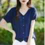 Women 100 Cotton Knitted Cardigan Korean Style V-neck Loose Short Sleeve Shirt Summer Woman Solid Fashion Hollow Out Top