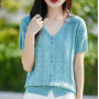 Women 100 Cotton Knitted Cardigan Korean Style V-neck Loose Short Sleeve Shirt Summer Woman Solid Fashion Hollow Out Top