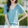 Women 100 Cotton Knitted Cardigan Korean Style V-neck Loose Short Sleeve Shirt Summer Woman Solid Fashion Hollow Out Top
