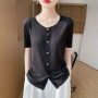 Women's White Button-Down T-Shirt Short Sleeve Casual Loose Fit Asymmetrical Hem Top
