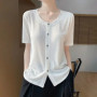 Women's White Button-Down T-Shirt Short Sleeve Casual Loose Fit Asymmetrical Hem Top