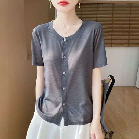 Women's White Button-Down T-Shirt Short Sleeve Casual Loose Fit Asymmetrical Hem Top