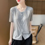 Women's White Button-Down T-Shirt Short Sleeve Casual Loose Fit Asymmetrical Hem Top