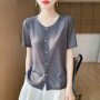 Women's White Button-Down T-Shirt Short Sleeve Casual Loose Fit Asymmetrical Hem Top
