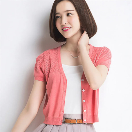 Summer New Short-Sleeve Cardigan Small Cape Female Short Design All-Match Air Conditioning Shirt Sunscreen Knitted Jacket Thin