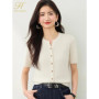 H Han Queen New Summer Knitted Shirt Short Sleeve Single breasted Casual T-shirt Women Slim Cardigan Fashion Ropa De Mujer