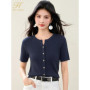 H Han Queen New Summer Knitted Shirt Short Sleeve Single breasted Casual T-shirt Women Slim Cardigan Fashion Ropa De Mujer