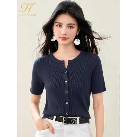 H Han Queen New Summer Knitted Shirt Short Sleeve Single breasted Casual T-shirt Women Slim Cardigan Fashion Ropa De Mujer