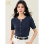 H Han Queen New Summer Knitted Shirt Short Sleeve Single breasted Casual T-shirt Women Slim Cardigan Fashion Ropa De Mujer