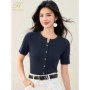 H Han Queen New Summer Knitted Shirt Short Sleeve Single breasted Casual T-shirt Women Slim Cardigan Fashion Ropa De Mujer