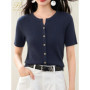 H Han Queen New Summer Knitted Shirt Short Sleeve Single breasted Casual T-shirt Women Slim Cardigan Fashion Ropa De Mujer