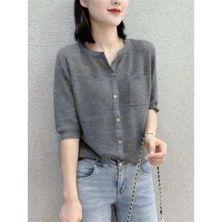 2023 Cardigan Women Solid Thin Summer Short Sleeve All-match Fashion Casual Elegant Female Daily Retro New Simple O-neck ZY7766