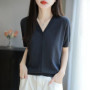 Women's Korean Style Worsted Wool Knit Top V-Neck Short Sleeve Loose Solid Color Cardigan Slimming T-Shirt For Summer