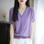 Women's Korean Style Worsted Wool Knit Top V-Neck Short Sleeve Loose Solid Color Cardigan Slimming T-Shirt For Summer