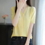 Women's Korean Style Worsted Wool Knit Top V-Neck Short Sleeve Loose Solid Color Cardigan Slimming T-Shirt For Summer